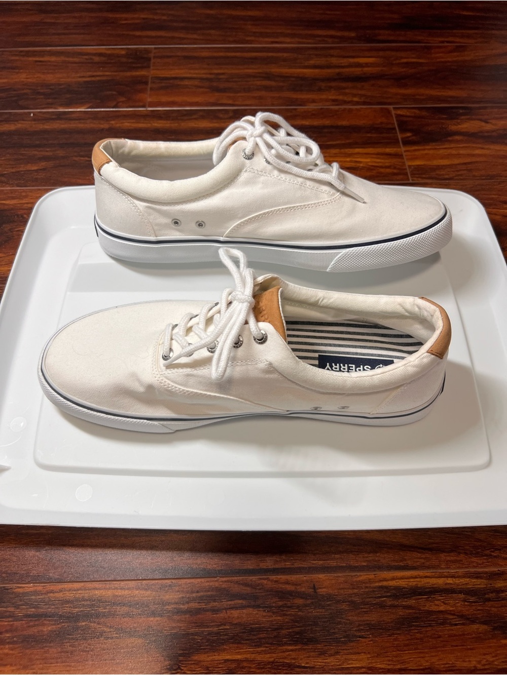 Sperry Men’s Off-White Canvas Low-Top Sneakers with Tan Heel Patch